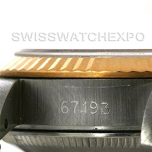The image shows a side view of the Rolex Oyster Perpetual 67193 Women's Steel and Gold (two tone) Silver Dial 67193 Women's Steel and Gold (two tone) Silver Dial watch, highlighting the watch's case and serial number "67193."