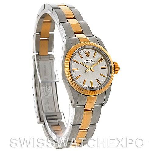 The image shows a side view of a Rolex Oyster Perpetual 67193 Women's Steel and Gold (two tone) Silver Dial 67193 Women's Steel and Gold (two tone) Silver Dial watch featuring a two-tone bracelet, gold bezel, and white dial with gold markers.