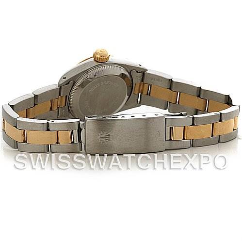This image shows the back view of a Rolex Oyster Perpetual 67193 Women's Steel and Gold (two tone) Silver Dial 67193 Women's Steel and Gold (two tone) Silver Dial watch, highlighting its two-tone bracelet and clasp.