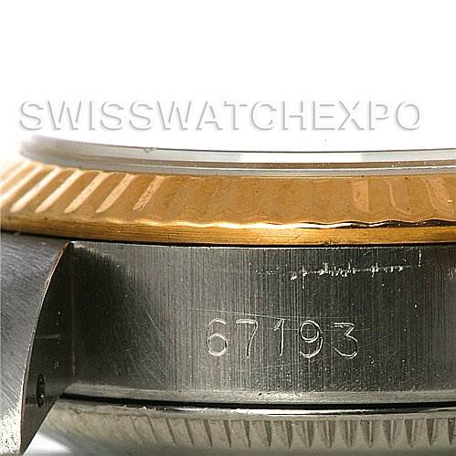 The image shows a close-up of the side of a Rolex Oyster Perpetual 67193 Women's Steel and Gold (two tone) Silver Dial 67193 Women's Steel and Gold (two tone) Silver Dial watch, focusing on the bezel and lug with the model number 67193 engraved.