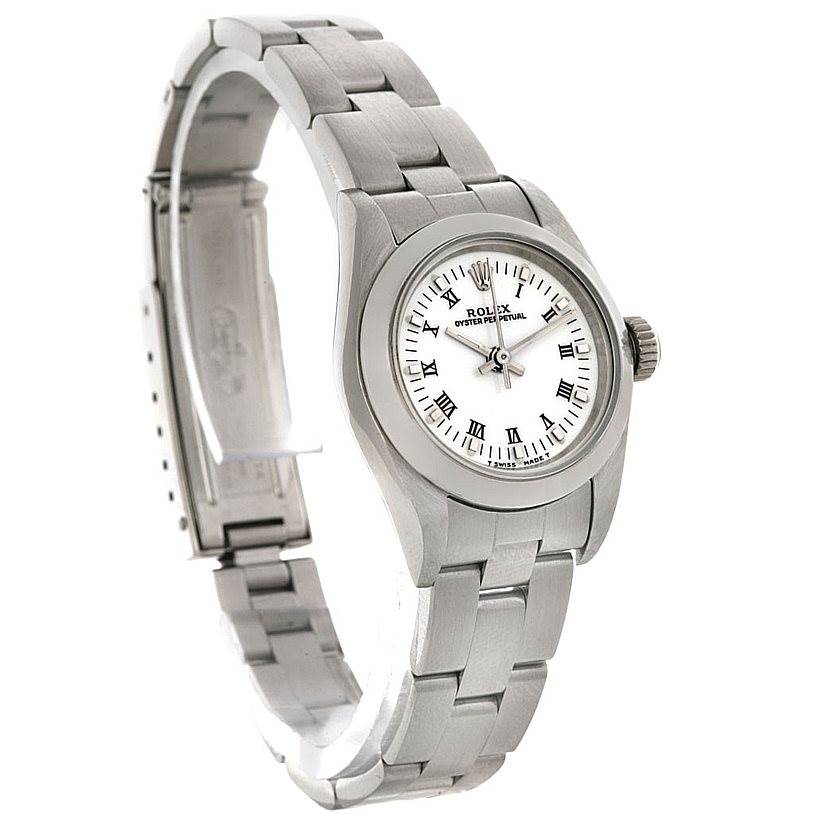 This image shows an angled view of the Rolex Oyster Perpetual 67180 Women's Stainless Steel White Dial 67180 Women's Stainless Steel White Dial watch, highlighting the dial, bracelet, and clasp.