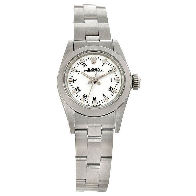 The image shows a front view of a Rolex Oyster Perpetual 67180 Women's Stainless Steel White Dial 67180 Women's Stainless Steel White Dial watch, displaying the face, bezel, crown, and bracelet.