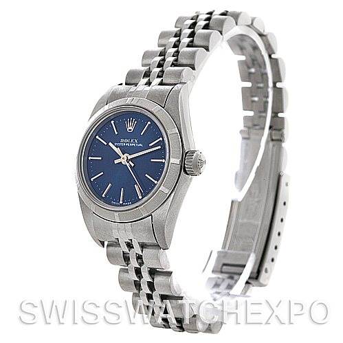 This image shows a side view of a Rolex Oyster Perpetual 67180 Women's Stainless Steel Blue Dial 67180 Women's Stainless Steel Blue Dial watch with its case, blue dial, and Jubilee bracelet fully visible.