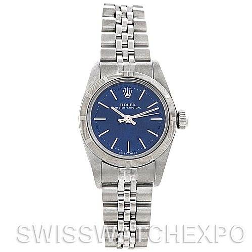 The image shows a front view of a Rolex Oyster Perpetual 67180 Women's Stainless Steel Blue Dial 67180 Women's Stainless Steel Blue Dial watch, featuring its blue dial and metal bracelet.