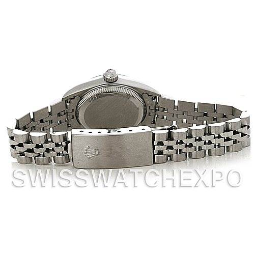 This image shows the back of a Rolex Oyster Perpetual 67180 Women's Stainless Steel Blue Dial 67180 Women's Stainless Steel Blue Dial watch, highlighting its clasp and bracelet.