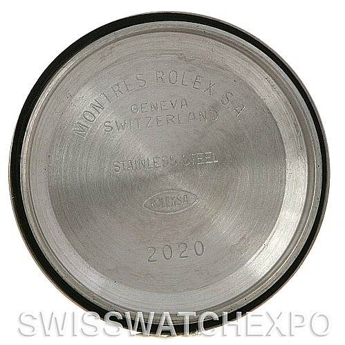 This image shows the inside caseback of a Rolex Oyster Perpetual 67180 Women's Stainless Steel Blue Dial 67180 Women's Stainless Steel Blue Dial watch, displaying engravings for authenticity.