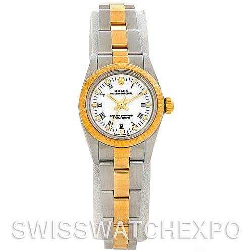 The image shows a frontal view of a Rolex Oyster Perpetual 76243 Women's Steel and Gold (two tone) White Dial 76243 Women's Steel and Gold (two tone) White Dial watch, highlighting the gold and stainless steel bracelet and bezel.