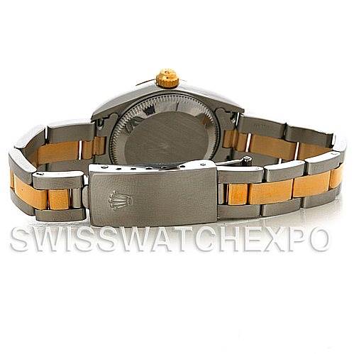 The image shows the clasp, bracelet, and case back of a Rolex Oyster Perpetual 76243 Women's Steel and Gold (two tone) White Dial 76243 Women's Steel and Gold (two tone) White Dial watch from a rear angle.