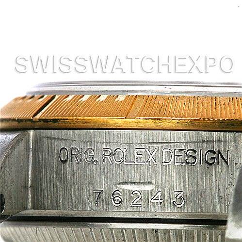 The image shows a close-up of the side of a Rolex Oyster Perpetual 76243 Women's Steel and Gold (two tone) White Dial 76243 Women's Steel and Gold (two tone) White Dial watch, highlighting the engraved text and bezel.