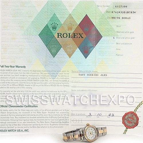 The image shows the Rolex Oyster Perpetual 76243 Women's Steel and Gold (two tone) White Dial 76243 Women's Steel and Gold (two tone) White Dial model watch lying flat in the center, along with its warranty and certification documents in the background.