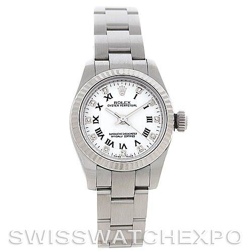 The image shows a front view of the Rolex Oyster Perpetual 176234 Women's Stainless Steel White Dial 176234 Women's Stainless Steel White Dial watch, displaying its face, bezel, crown, and metal bracelet.