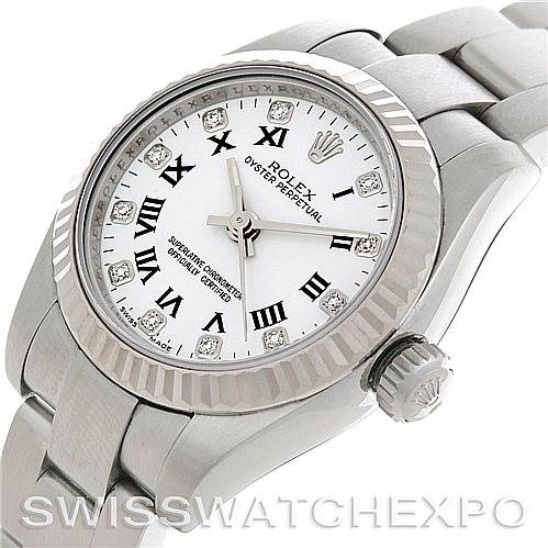 The image shows a close-up angle of a Rolex Oyster Perpetual 176234 Women's Stainless Steel White Dial 176234 Women's Stainless Steel White Dial watch, highlighting the dial, bezel, crown, and part of the bracelet.