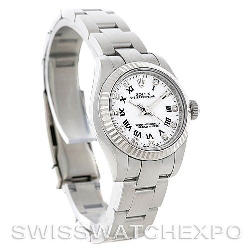 The image shows a Rolex Oyster Perpetual 176234 Women's Stainless Steel White Dial 176234 Women's Stainless Steel White Dial watch with a silver bracelet, white dial, Roman numerals, and fluted bezel, angled slightly to the left.