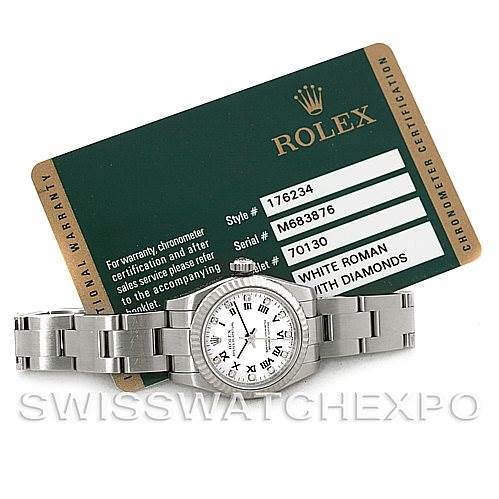 The image shows a Rolex Oyster Perpetual 176234 Women's Stainless Steel White Dial 176234 Women's Stainless Steel White Dial watch face and bracelet, with a warranty card positioned behind it.