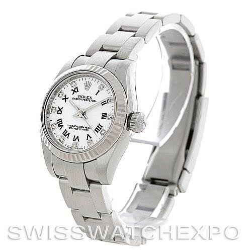 The image shows a Rolex Oyster Perpetual 176234 Women's Stainless Steel White Dial 176234 Women's Stainless Steel White Dial watch at a 3/4 angle, displaying the dial, bezel, crown, and part of the bracelet.