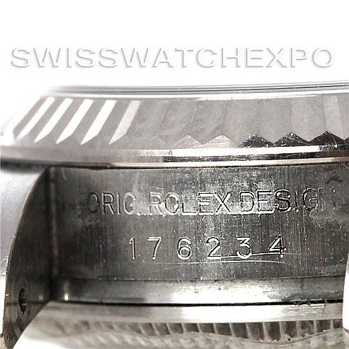 This close-up image of a Rolex Oyster Perpetual 176234 Women's Stainless Steel White Dial 176234 Women's Stainless Steel White Dial watch shows the case side with engraved model number "176234" and partially visible design details.
