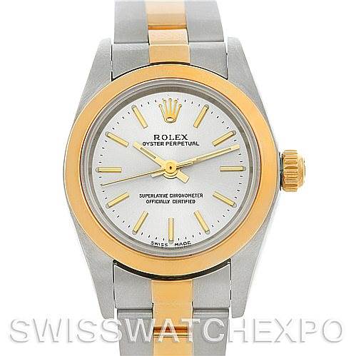 This image shows a frontal view of a Rolex Oyster Perpetual 76183 Women's Steel and Gold (two tone) Silver Dial 76183 Women's Steel and Gold (two tone) Silver Dial watch, highlighting the face, bezel, and part of the bracelet.