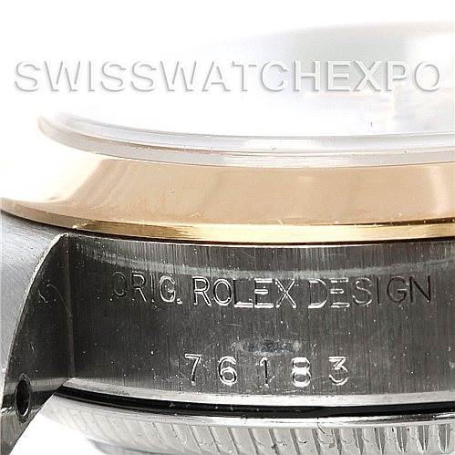The image shows a close-up of the side of a Rolex Oyster Perpetual 76183 Women's Steel and Gold (two tone) Silver Dial 76183 Women's Steel and Gold (two tone) Silver Dial watch, highlighting the engraved model number and "ORIG. ROLEX DESIGN" text.
