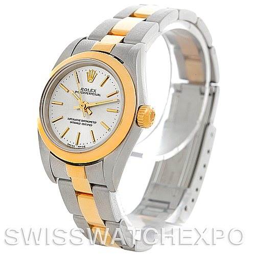 The image shows a side and front angle of a Rolex Oyster Perpetual 76183 Women's Steel and Gold (two tone) Silver Dial 76183 Women's Steel and Gold (two tone) Silver Dial watch with a two-tone metal bracelet and gold accents.