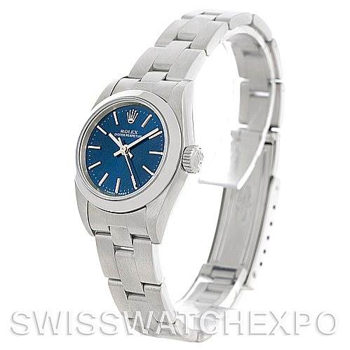 The Rolex Oyster Perpetual 67180 Women's Stainless Steel Blue Dial 67180 Women's Stainless Steel Blue Dial watch is shown at a slight angle, highlighting the face, bezel, and part of the bracelet.