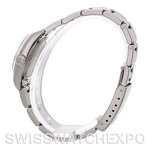 This image shows a side view of the Rolex Oyster Perpetual 67180 Women's Stainless Steel Blue Dial 67180 Women's Stainless Steel Blue Dial watch, prominently displaying the bracelet and case profile.