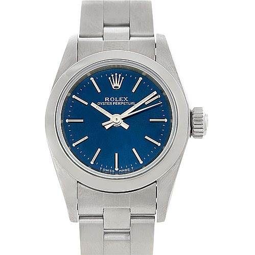 This image shows a front view of a Rolex Oyster Perpetual 67180 Women's Stainless Steel Blue Dial 67180 Women's Stainless Steel Blue Dial watch with a blue dial and stainless steel bracelet.