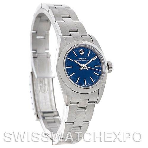 This image shows a side and top view of a Rolex Oyster Perpetual 67180 Women's Stainless Steel Blue Dial 67180 Women's Stainless Steel Blue Dial watch with a blue dial and stainless steel bracelet.