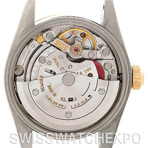 The image shows the movement and internal mechanism of a Rolex Oyster Perpetual 76193 Women's Steel and Gold (two tone) Champagne Dial 76193 Women's Steel and Gold (two tone) Champagne Dial watch from a back view, with the case back removed.