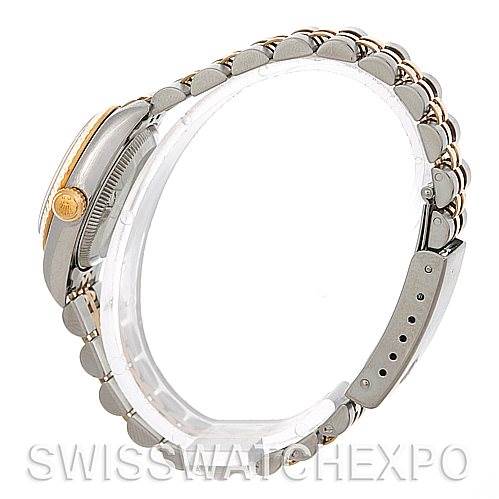 This image shows a side view of the Rolex Oyster Perpetual 76193 Women's Steel and Gold (two tone) Champagne Dial 76193 Women's Steel and Gold (two tone) Champagne Dial watch, highlighting its bracelet and crown.