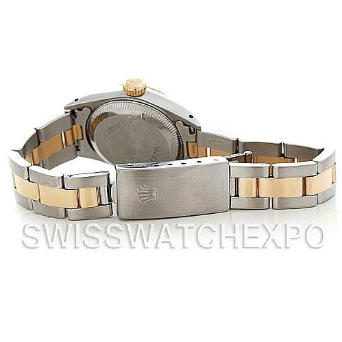 This image shows the back of a Rolex Oyster Perpetual 67193 Women
s Steel and Gold (two tone) Silver Dial 67193 Women
s Steel and Gold (two tone) Silver Dial watch, focusing on the bracelet and clasp.