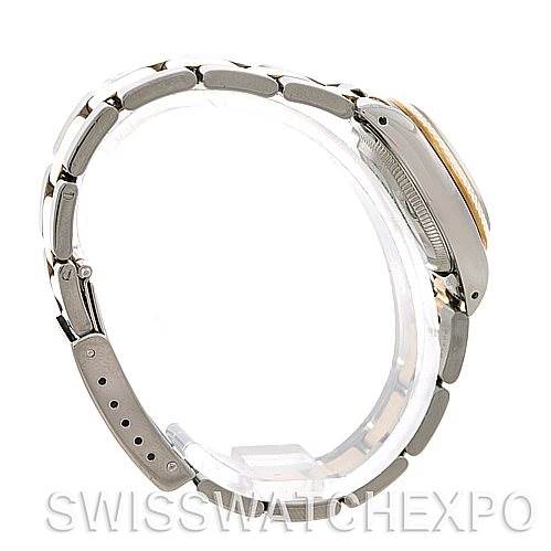 The image shows the side view of a Rolex Oyster Perpetual 67193 Women
s Steel and Gold (two tone) Silver Dial 67193 Women
s Steel and Gold (two tone) Silver Dial watch, highlighting the bracelet and case.