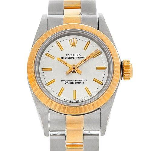 This image shows a front view of a Rolex Oyster Perpetual 67193 Women
s Steel and Gold (two tone) Silver Dial 67193 Women
s Steel and Gold (two tone) Silver Dial watch, displaying the dial, bezel, and bracelet.