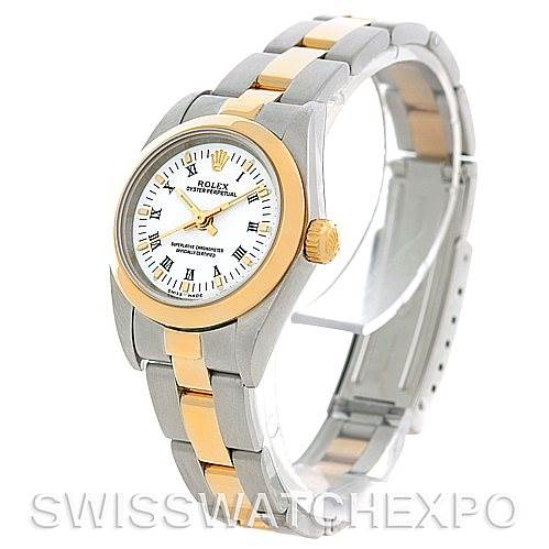 The Rolex Oyster Perpetual 76183 Women's Steel and Gold (two tone) White Dial 76183 Women's Steel and Gold (two tone) White Dial watch is shown at an angle displaying the face, bezel, crown, and two-tone bracelet.
