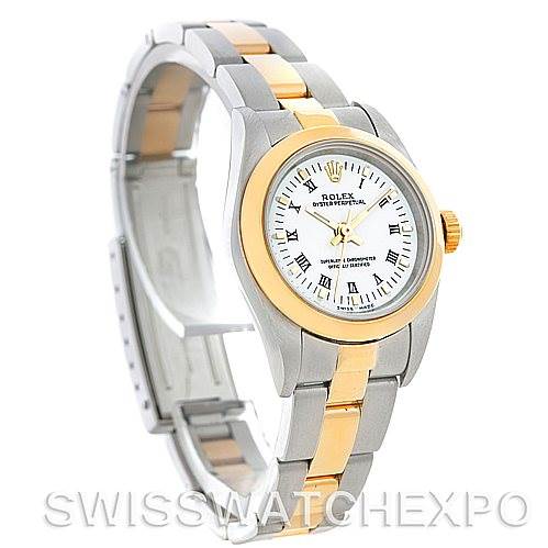 This image shows a Rolex Oyster Perpetual 76183 Women's Steel and Gold (two tone) White Dial 76183 Women's Steel and Gold (two tone) White Dial watch at a three-quarter angle, highlighting the dial, bezel, and bracelet.