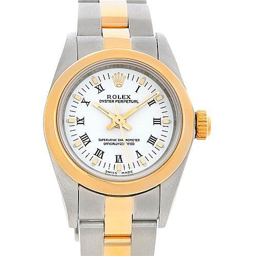 The image shows a frontal view of the Rolex Oyster Perpetual 76183 Women's Steel and Gold (two tone) White Dial 76183 Women's Steel and Gold (two tone) White Dial watch, displaying its dial, bezel, crown, and bracelet.
