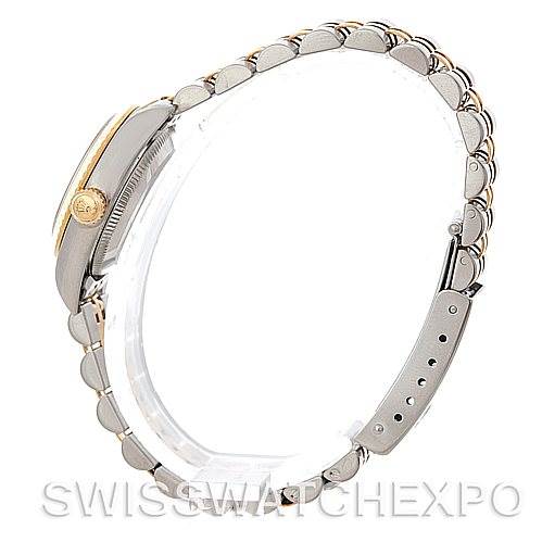 The image shows the Rolex Oyster Perpetual 76193 Women's Steel and Gold (two tone) Black Dial 76193 Women's Steel and Gold (two tone) Black Dial watch from a side profile, highlighting the bracelet and the crown.