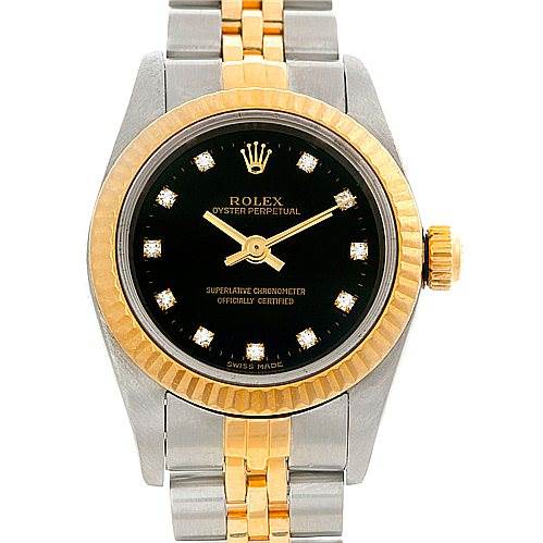 This image shows a front view of a Rolex Oyster Perpetual 76193 Women's Steel and Gold (two tone) Black Dial 76193 Women's Steel and Gold (two tone) Black Dial watch, highlighting the dial, bezel, crown, and part of the bracelet.