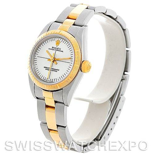 This image features a Rolex Oyster Perpetual 76243 Women's Steel and Gold (two tone) Silver Dial 76243 Women's Steel and Gold (two tone) Silver Dial watch, shown at a three-quarter angle, highlighting the dial, bezel, and bracelet.