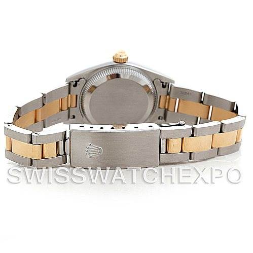 The image shows the back view of a Rolex Oyster Perpetual 76193 Women's Steel and Gold (two tone) Champagne Dial 76193 Women's Steel and Gold (two tone) Champagne Dial watch, highlighting the bracelet and clasp.