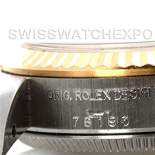 The image shows a close-up of the side of the case of a Rolex Oyster Perpetual 76193 Women's Steel and Gold (two tone) Champagne Dial 76193 Women's Steel and Gold (two tone) Champagne Dial watch, highlighting the bezel and model number "76193."