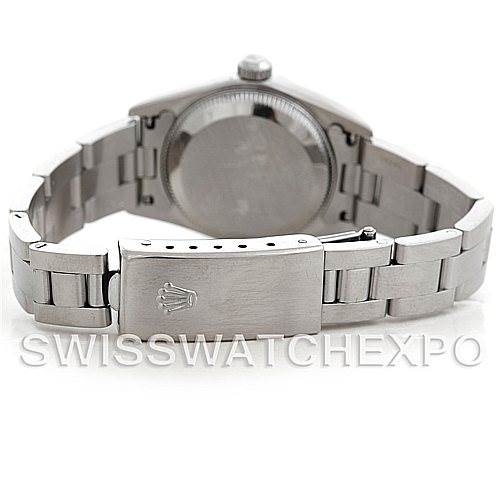 The image shows the backside and clasp of a Rolex Oyster Perpetual 76094 Women's Stainless Steel White Dial 76094 Women's Stainless Steel White Dial watch, detailing the bracelet and case back.
