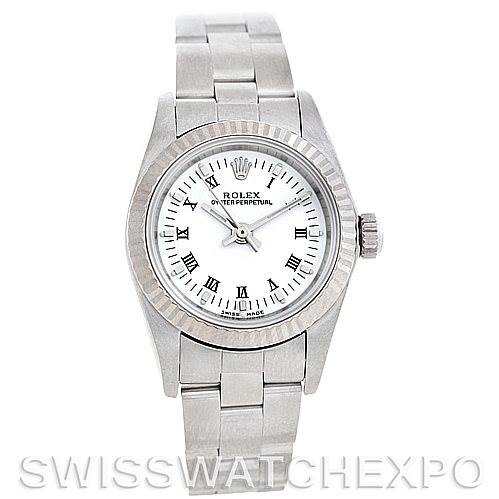 The image shows a front view of a Rolex Oyster Perpetual 76094 Women's Stainless Steel White Dial 76094 Women's Stainless Steel White Dial watch, highlighting the dial, bezel, case, crown, and bracelet.