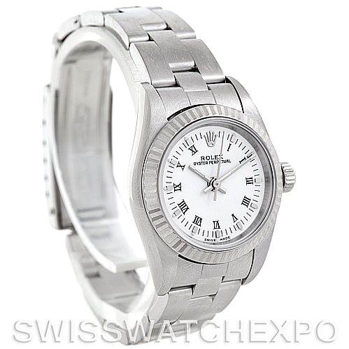 The image shows a side angle of a Rolex Oyster Perpetual 76094 Women's Stainless Steel White Dial 76094 Women's Stainless Steel White Dial watch, highlighting the bracelet, dial, and crown.
