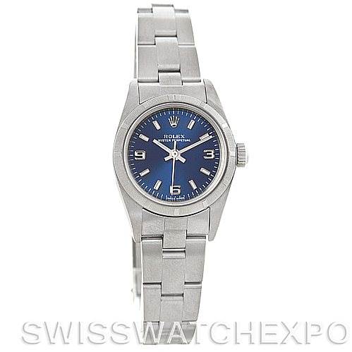 The image shows a full front view of a Rolex Oyster Perpetual 76030 Women's Stainless Steel Blue Dial 76030 Women's Stainless Steel Blue Dial watch with a blue dial and silver bracelet.
