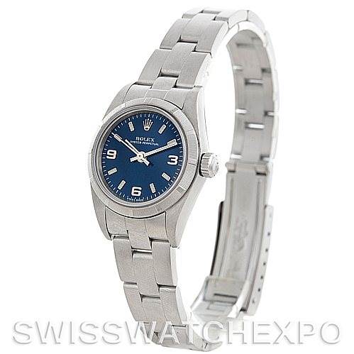 This image shows a Rolex Oyster Perpetual 76030 Women's Stainless Steel Blue Dial 76030 Women's Stainless Steel Blue Dial watch angled to display the face, bezel, and bracelet.