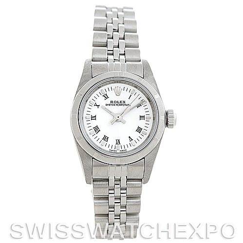This image shows a front-facing view of the Rolex Oyster Perpetual 76030 Women's Stainless Steel White Dial 76030 Women's Stainless Steel White Dial watch, highlighting its dial, bezel, case, and bracelet.
