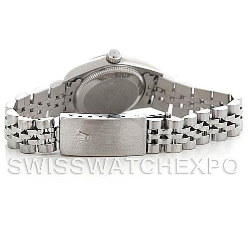 This image shows the back and bracelet of the Rolex Oyster Perpetual 76030 Women's Stainless Steel White Dial 76030 Women's Stainless Steel White Dial watch, showcasing its clasp and caseback.