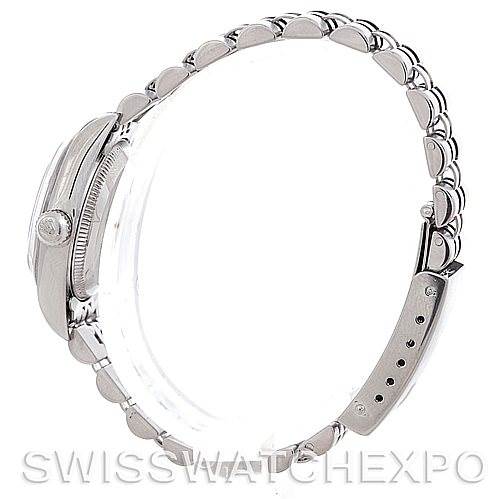 This image shows a side view of the Rolex Oyster Perpetual 76030 Women's Stainless Steel White Dial 76030 Women's Stainless Steel White Dial watch, highlighting the case, crown, and bracelet.