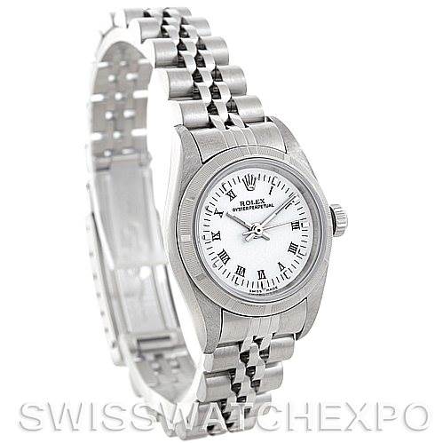 The image shows a Rolex Oyster Perpetual 76030 Women's Stainless Steel White Dial 76030 Women's Stainless Steel White Dial watch at a slight angle, highlighting the face, bezel, and bracelet.