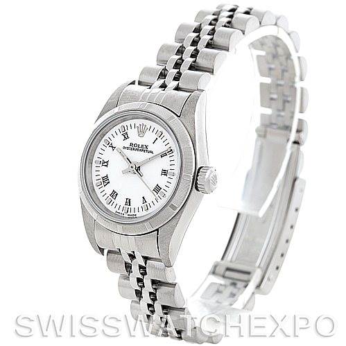 The image shows a Rolex Oyster Perpetual 76030 Women's Stainless Steel White Dial 76030 Women's Stainless Steel White Dial watch at a slight angle, highlighting the dial, bezel, and partial bracelet.